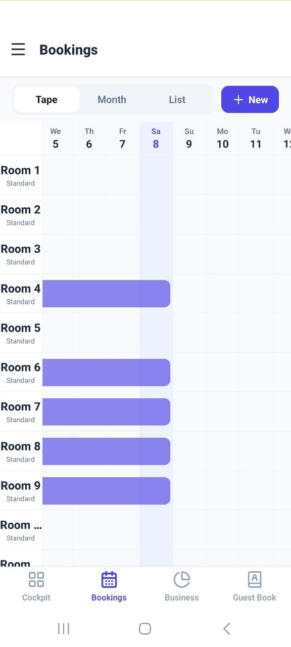 Bedlo bookings tape view showing rooms down the side and dates across the top
