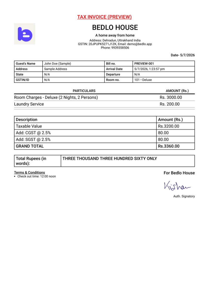 Bedlo GST tax invoice with CGST and SGST split and amount in words