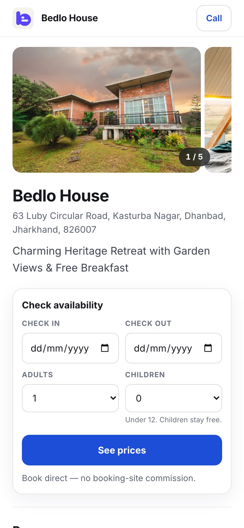 A Bedlo booking page on a phone: property photos, address, and a Check availability form with dates, adults and children
