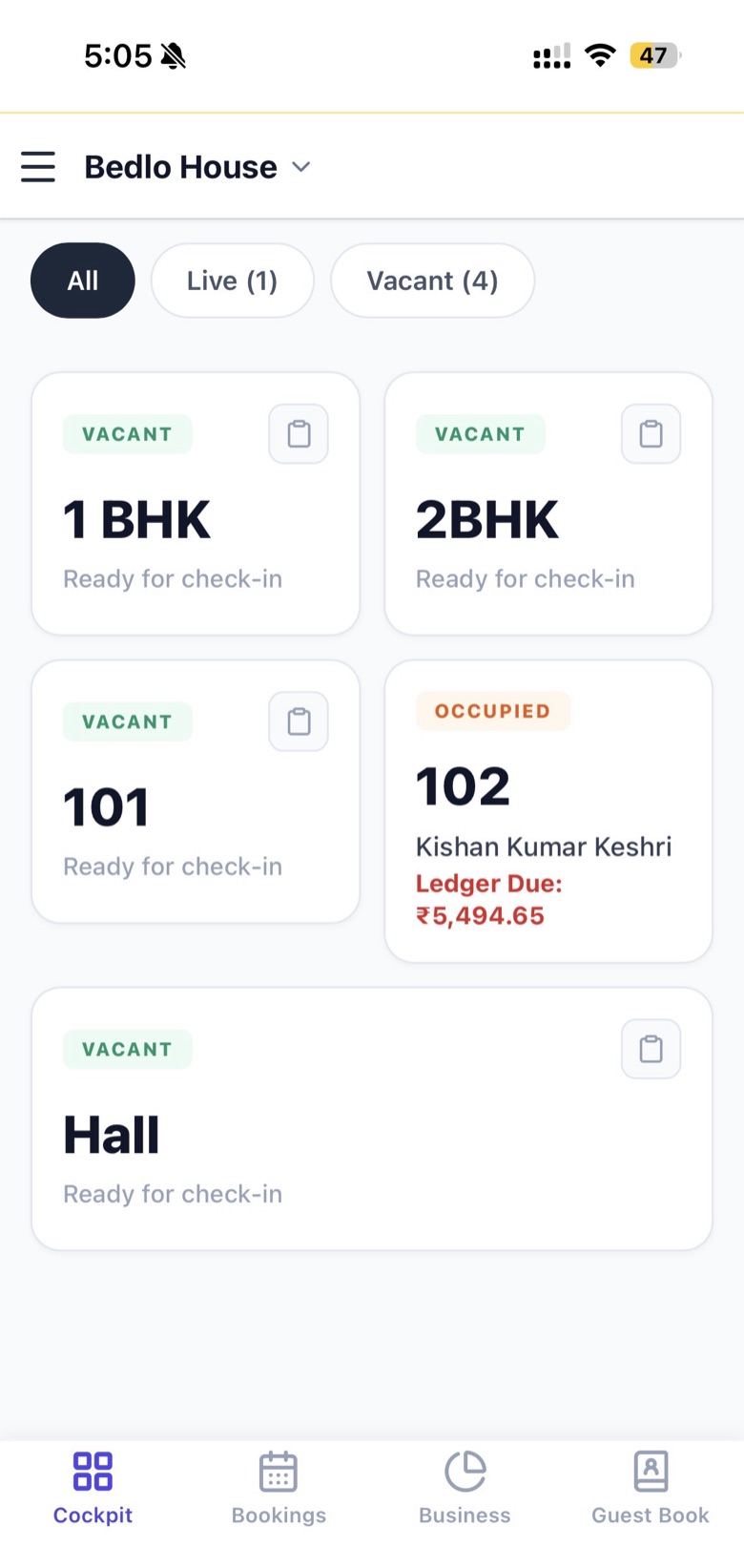Bedlo dashboard showing a homestay with 1 BHK, 2 BHK and hall rooms