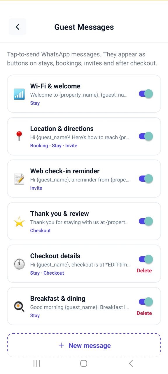 Bedlo Guest Messages screen listing the ready-made WhatsApp templates