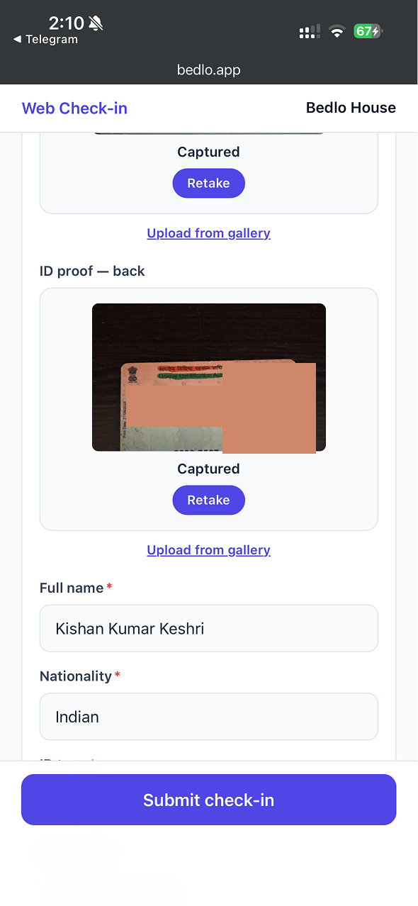 Guest web check-in in a phone browser: ID captured and the name field auto-filled